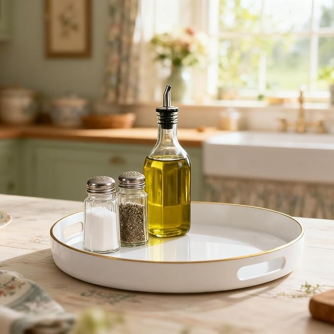 Zosenley Decorative Tray, Round Plastic Tray with Handles, Modern Vanity Tray and Serving Tray for Ottoman, Coffee Table, Kitchen and Bathroom, Size 13” (White)