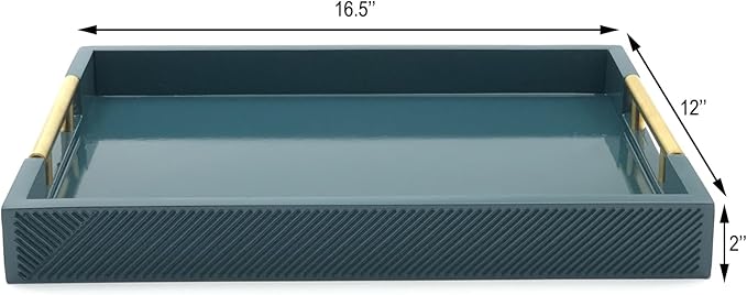 Serving Tray with Polished Metal Handles, 16.5''x12'' Rectangle Coffee Table Tray, Modern Decorative Tray, Large Ottoman Tray, Perfect for Storage and Display (Teal)
