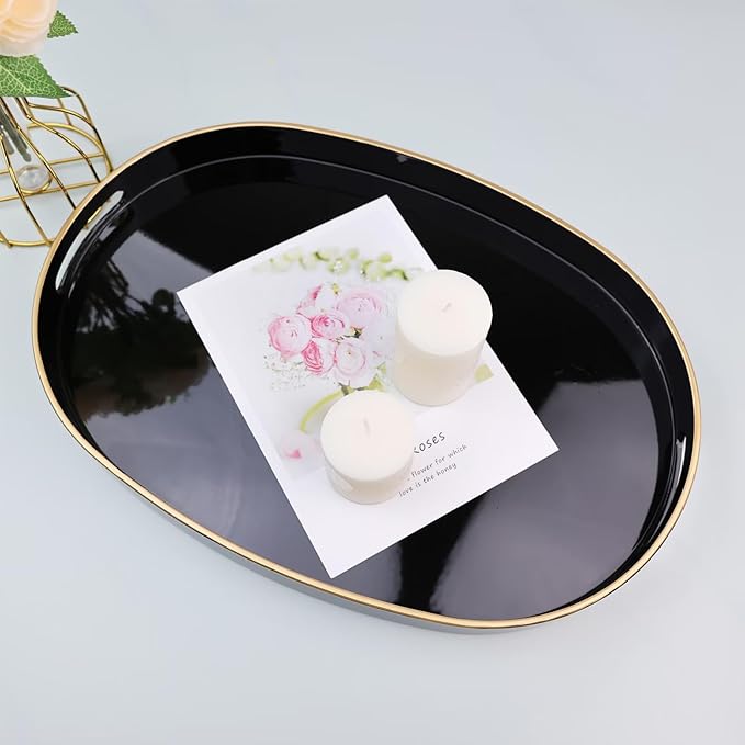 Black Oval Decorative Tray with Handles, Versatile Serving Tray for Coffee Table, Ottoman, Ideal for Serving, Displaying, Organizing