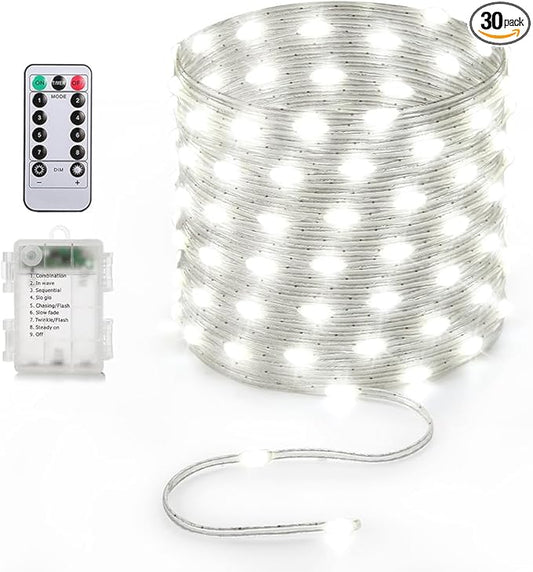 Battery Operated String Lights, 33ft 100 LED Fairy String Lights Battery Powered w/Remote & Timer for Indoor Outdoor Christmas Trees Wreath Decoration Bedroom Patio - Cool White
