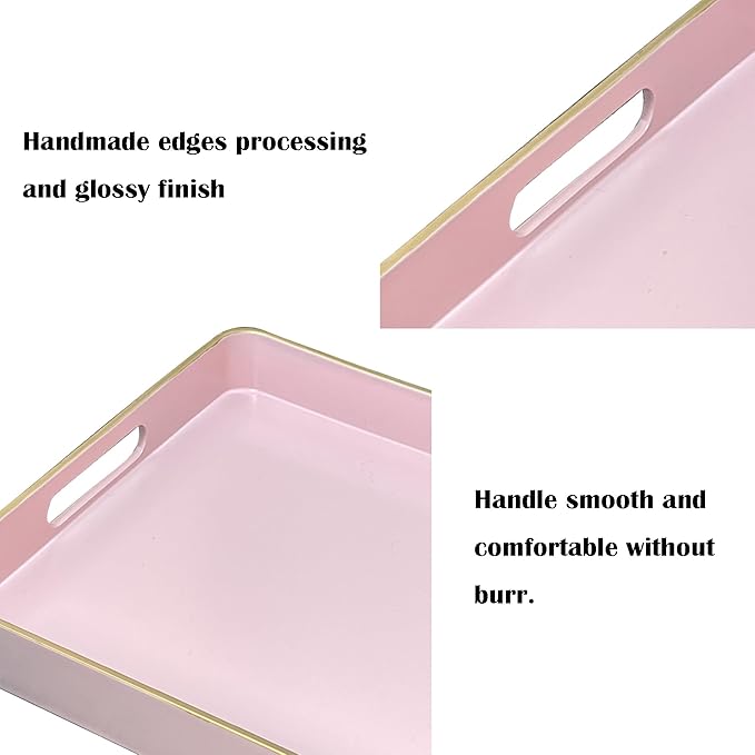 Serving Tray with Gold Trimming, Square Decorative Serving Trays with Handles, Coffee Table Tray Plastic Tray for Ottoman Living Room, Bathroom,Home Decor 13" L x 13" W x 1.57" H(Pink)