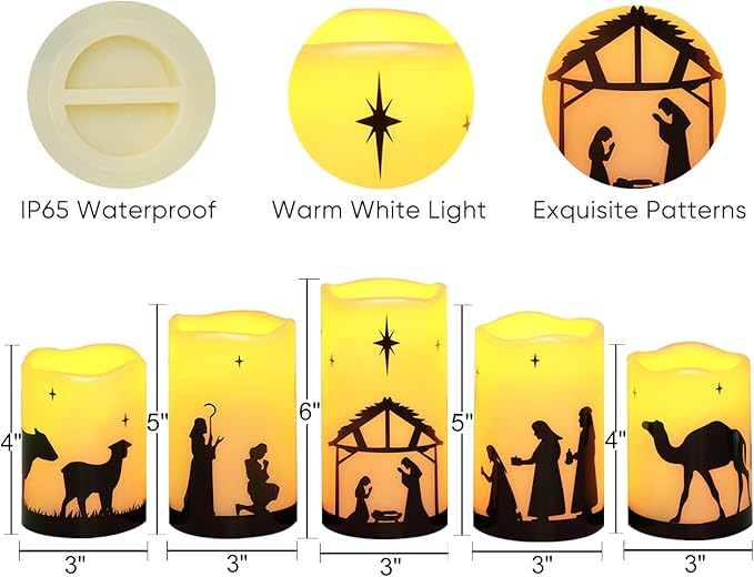 Homemory Flameless Christmas Nativity Scene Candles, Battery Operated LED Pillar Religion Candles, Nativity Sets Indoor Outdoor Decor for Xmas Holiday Home Decor, Remote Timer, Christmas Decor, 5 Pack
