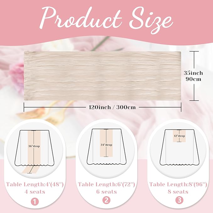 Champagne Table Runner, 10Ft 120in Cheesecloth Table Runner, Gauze Rustic Cheese Cloth Table Runners for Wedding, Party, Bridal Shower, Boho Table Runners for Christmas Thanksgiving Halloween Easter