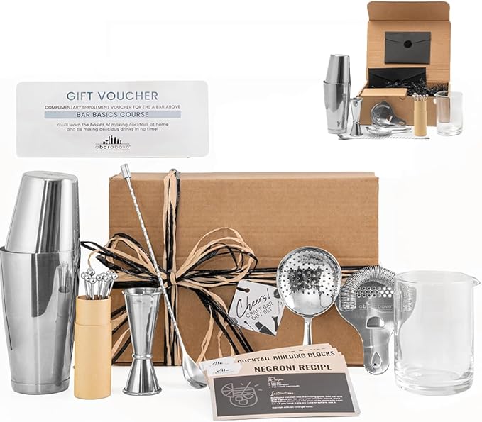A Bar Above 22-Piece Professional Bartender Gift Set - Premium Barware for Home Bar - Bartending Kit Includes Boston Shaker, Jigger, Mixing Glass & More - Valentines Day Gifts for Him & Her