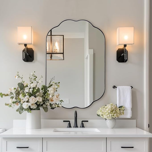 ANDY STAR Scalloped Bathroom Mirror, 24x36 Inch Matte Black Vanity Mirror in Stainless Steel Metal Frame, Unique Oval Mirror with Modern Curved Edge Design, Ideal for Bathroom, Bedroom, Entryway