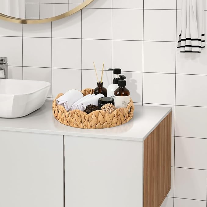 Livofloral Scalloped Edge Round Serving Tray, Handwoven Rattan Tray with Built-in Handles, Decorative Scalloped Basket Tray for Coffee Table, Water Hyacinth Wicker baskets for Ottoman