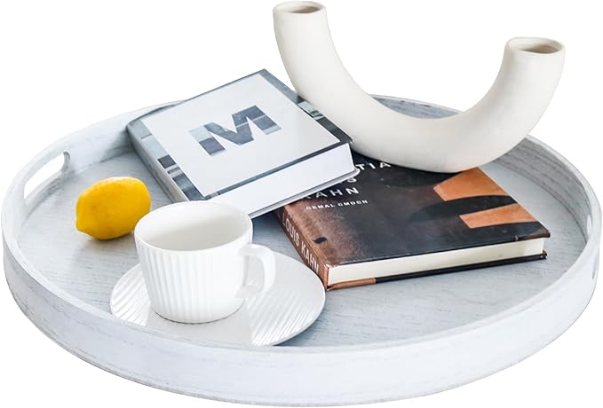 Round Decorative Tray, Extra Large Wooden Serving Tray with Handles, 11.8in White Decorative Trays for Coffee Table,Kitchen Counter,bandejas decorativas