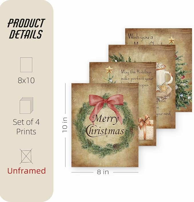ETVISO Vintage Christmas Wall Art Prints Set of 4, Retro Christmas Trees Garland Poster, Winter Holidays Gift Print Decor for Gallery, Living Room, Bathroom, 8x10 (Unframed)