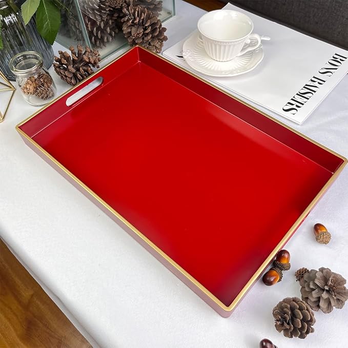 Red Decorative Tray, Rectangular Serving Tray with Handles, Plastic Coffee Table Tray for Ottoman, Living Room, Kitchen Tabletop, 15.6” x 10.2” x1.37”