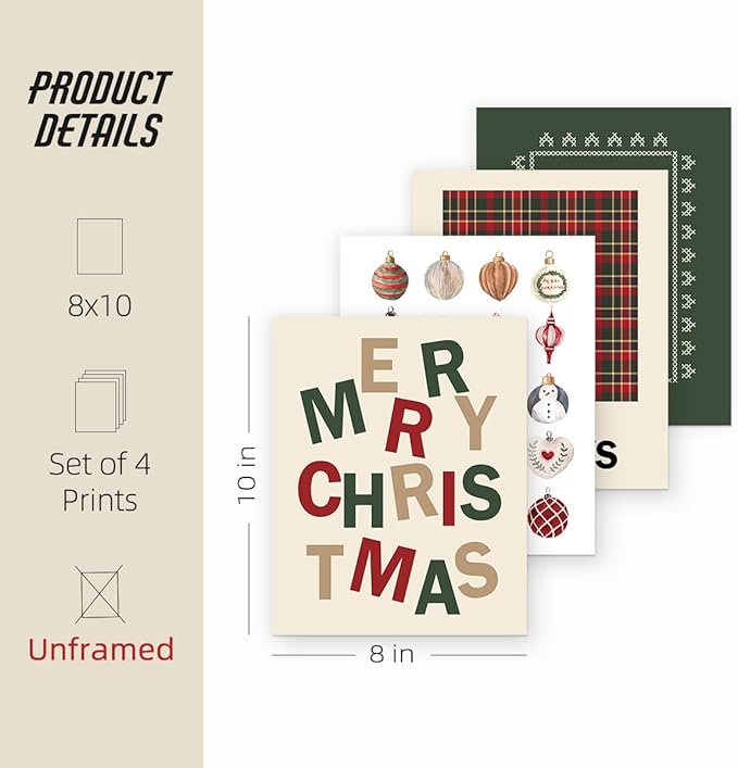 ETVISO Christmas Decor, Merry Christmas Wall Art Prints Set of 4, Retro Vintage Xmas Poster, Funny Winter Holidays Gift Print Decor for Gallery Living Room Bathroom, 8x10 (Unframed)