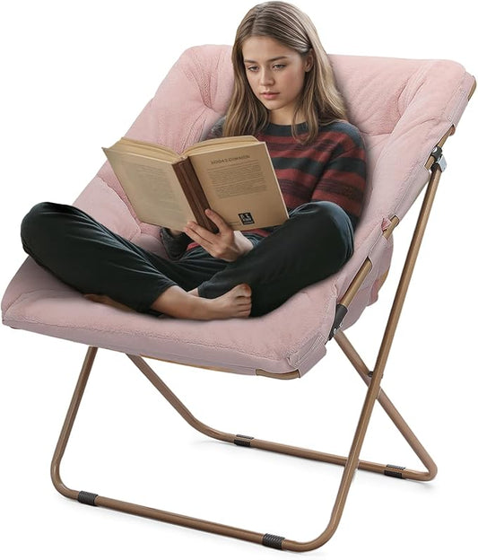 Athena Collection Saucer Chair for Adult, Square Comfy Cozy Chair Folding Chair Faux Fur Metal Frame Foldable Reading Chair Accent Chair for Bed Room Living Room, Pink
