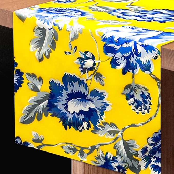 Decozen Table Runner - Japanese Print Floral Design Perfect for Kitchen Dining Room Home Decor Console Table Farmhouse - Yellow