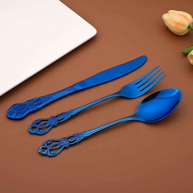 Elegant Blue 30 Piece 6 Set Stainless Steel Flatware Set with Steak Knives, Mirror Polished Dishwasher Safe