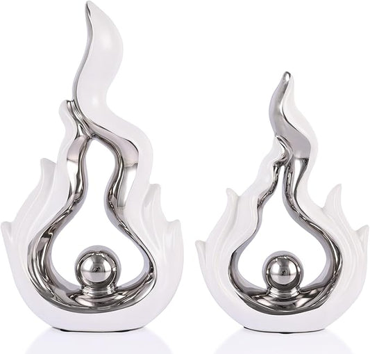 2 Pcs White and Silver Ceramic Sculptures for Home Decor, Modern Abstract Art Statues, Centerpieces for Dining Room Table, Living Room, Shelf, Mantel, Coffee Table, Entryway Accent Decorations