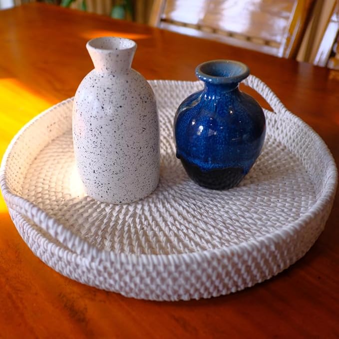 White Wash Round Rattan- Handmade Serving Tray-Decorative Woven Ottoman-Trays with Handles for Coffee Table Natural Basket Wave Tray (L- 13.7 Inch & M-11.8 Inch), Brown