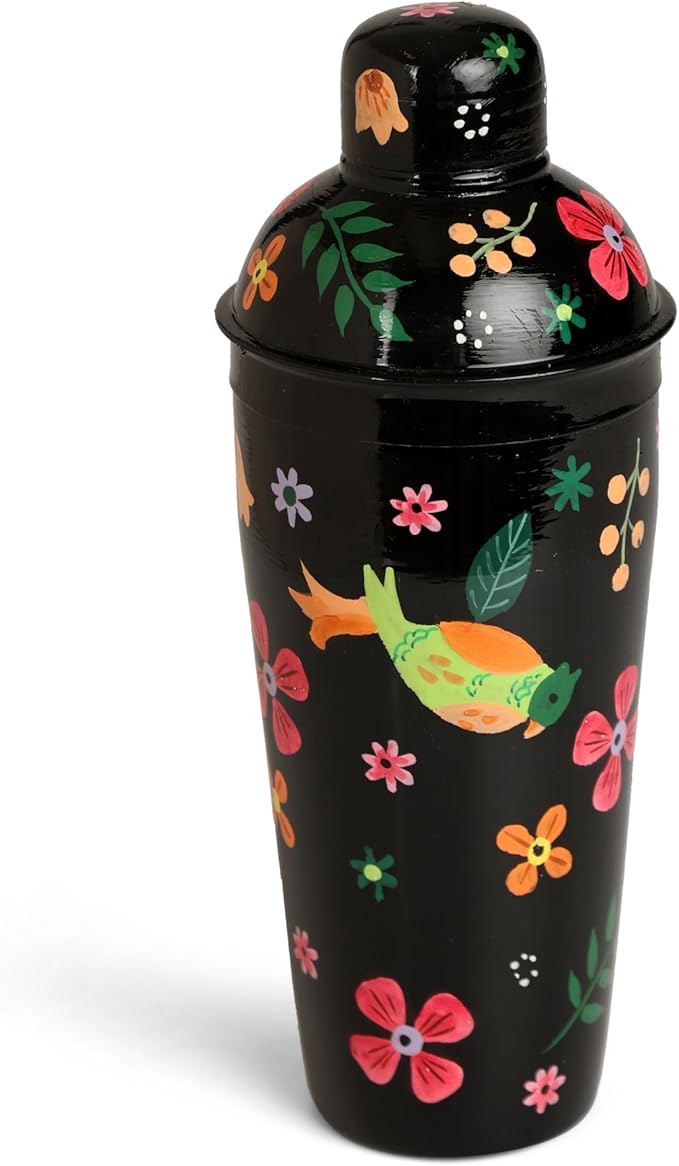 Artisanal Hand Painted Vintage Black 24 oz Cocktail Shaker – Stainless Steel Drink Mixer for Margaritas, Cocktails & Liquor – Floral Stylish Bartender Shaker Tool for Professionals & Home Bars