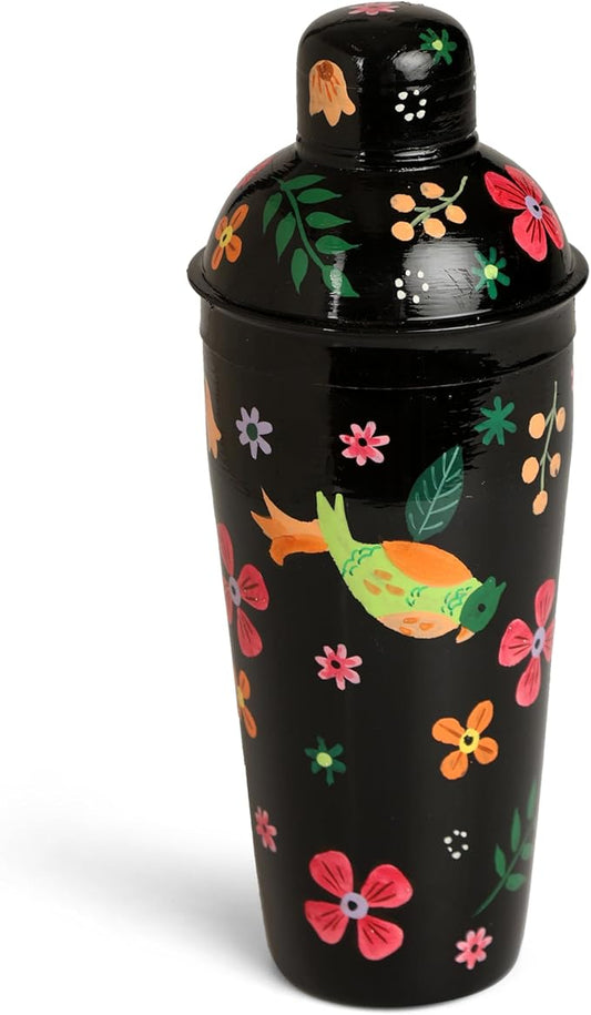 Artisanal Hand Painted Vintage Black 24 oz Cocktail Shaker – Stainless Steel Drink Mixer for Margaritas, Cocktails & Liquor – Floral Stylish Bartender Shaker Tool for Professionals & Home Bars