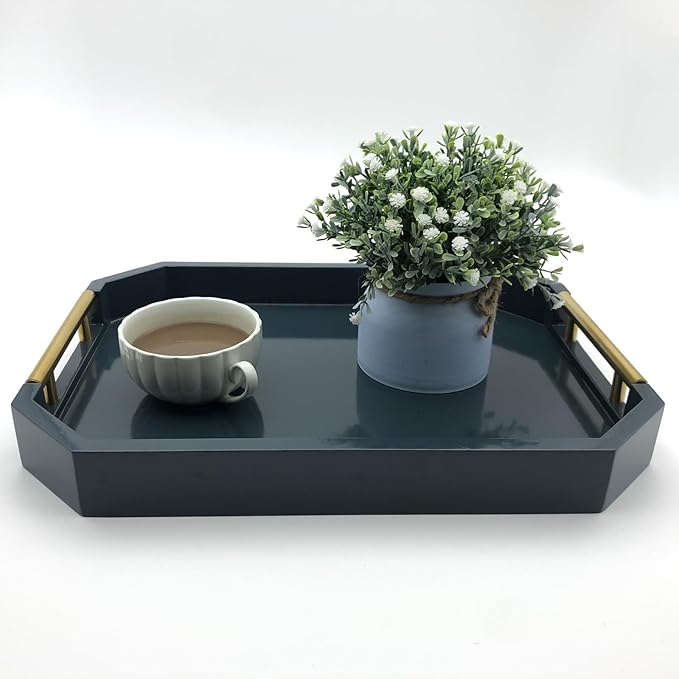 Serving Tray with Polished Metal Handles, Hexagon Coffee Table Tray, Modern Rectangle Decorative Tray, Large Ottoman Tray, Perfect for Storage and Display (Blue Rectangle)