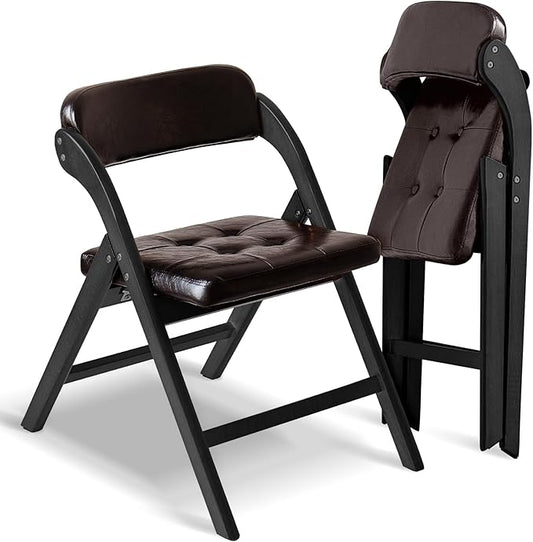 Padded Folding Chairs Set of 2, Wooden Dining Chair, Stackable Wooden Foldable Chair, Wood Folding Chairs with Cushion for Wedding, Guests Kitchen, Office, Party, Picnic Chair (Black Brown)