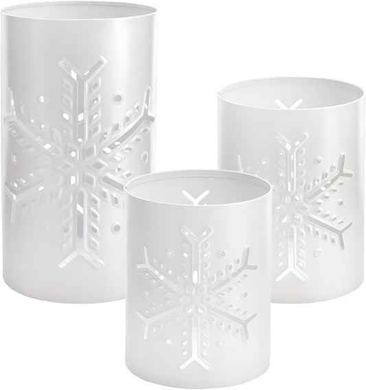 AuldHome Design Snowflake Candle Lanterns for Pillar Candles (Set of 3); Christmas Holiday Decor Centerpiece Candle Holders