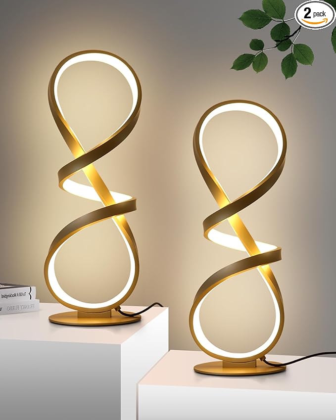2 Pack Table Lamps, LED Touch Dimmable Spiral Desk Lamp, 3 Color Temperature Modern Nightstand Lamp, Unique Bedside Lamp for Living Room, Bedroom, Cool Lamps for Ideal Gift, Gold