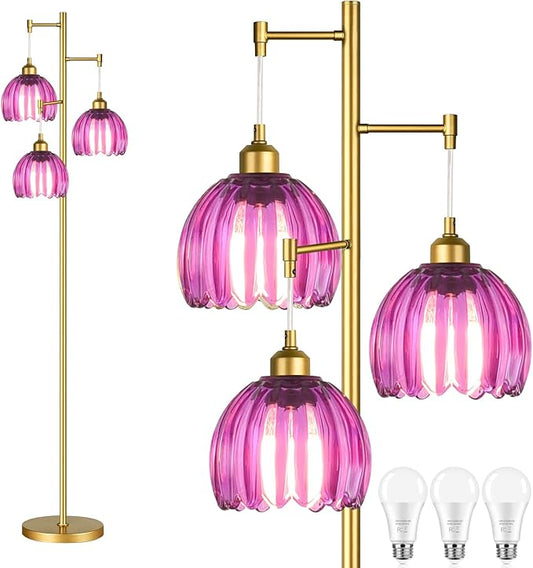 Gold Floor Lamp for Living Room Bedroom-3 Light Modern Floor Lamp with Glass Lampshape, Flower Tall Lamp Glass Standing Lamp Tree Floor Lamps for Living Room Bedroom,Corner