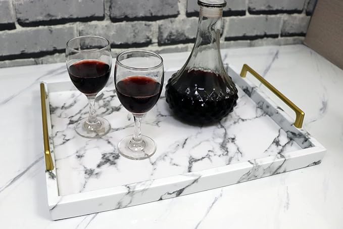 MCBZ Home Living Decor Tray, Coffee Table Tray,Ottoman Tray,Marbled Leather Tray, Serving Trays with Handles 16.5 * 12.6 Inch (White)