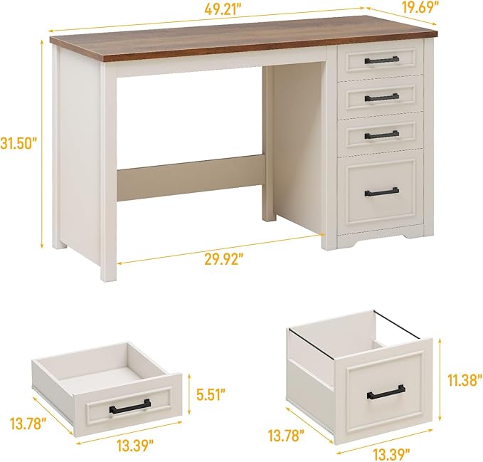 Vabches Farmhouse 49” Executive Desk with File Drawer, 4 Drawers Reversible Computer Desk with Storage, Rustic Home Writing Workstation for Home Office.White Brown