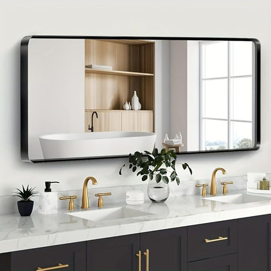 Black Bathroom Mirror 72X36 Inch, Black Metal Framed Mirror for Wall, Rounded Rectangle Matte Bathroom Vanity Mirror with Tempered Glass, Anti-Rust, Horizontal/Vertical