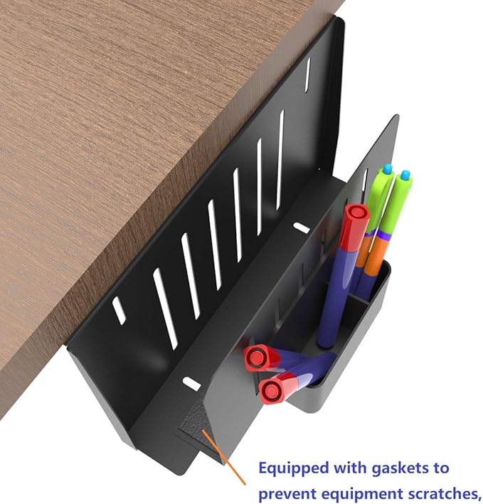JINGCHENGMEI Desk Side Storage Organizer, Steel Under Desk Laptop Mount, Depth Adjustable Hanging File Organizer, Drilling Laptop Storage Holder with Magnetic Pen Holder for Office or Home