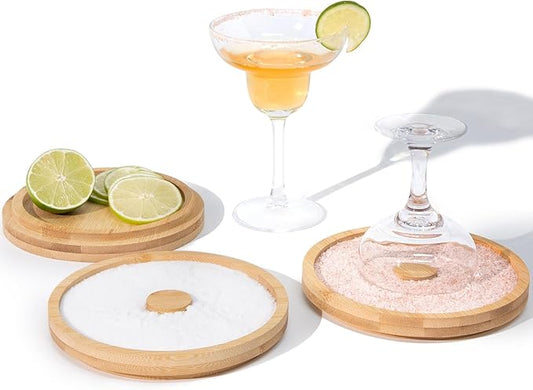 3-Tier Bamboo Margarita Salt Rimmer Set with Garnish Tray - Bartender Tool for Salt, Sugar & Lime - Fits Glasses up to 5.5" for Bars, Home, Parties