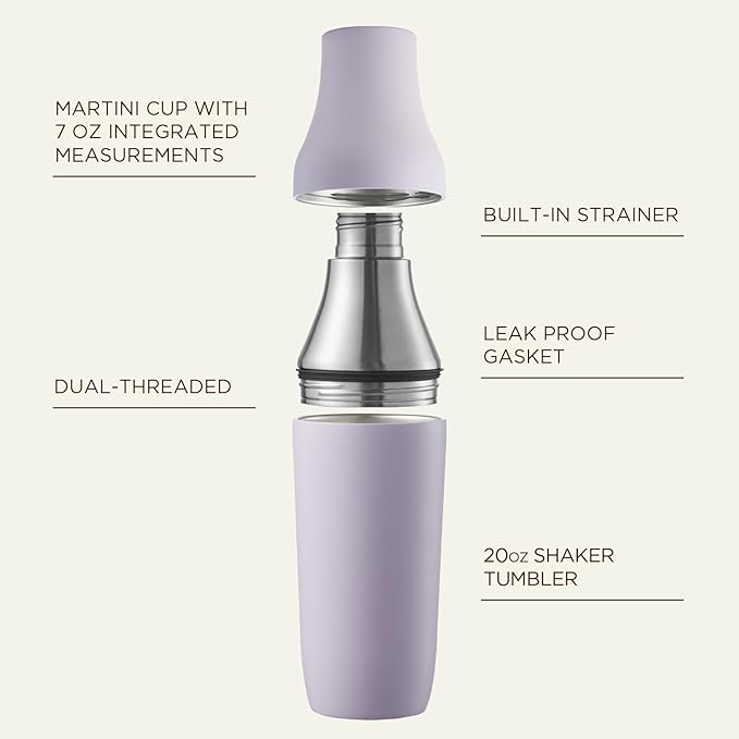 Kitessensu Hybrid Cocktail Shaker | Vacuum Insulated Stainless Steel Martini Shaker with Double Wall Martini Cup | Integrated Measuring System | Tumbler Lid & Cocktail Recipes Included | Orchid