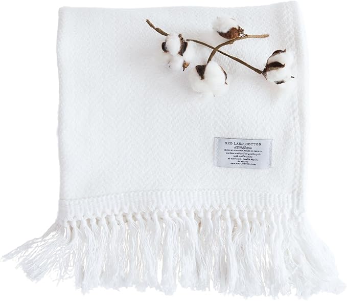 Red Land Cotton | American-Made 100% Cotton Throw Blanket | Soft, Breathable Basket Weave Blanket | Easily Laundered | White