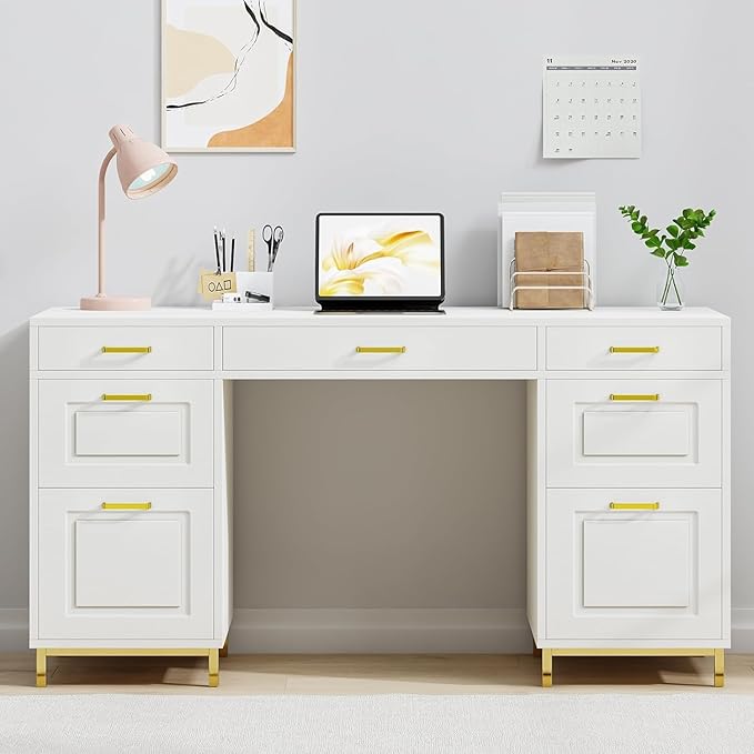 White and Gold Desk with 2 File Drawers, 57 Inch Office Computer Desk with 7 Drawers, White Desk with Storage, Wooden Executive Desk for Office, Workspace for Work Study Writing