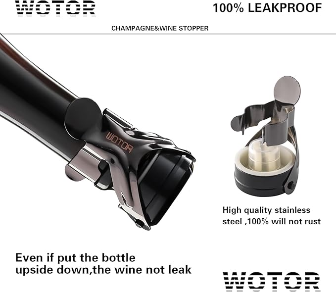 WOTOR Champagne&Wine Bottle Stoppers Stainless Steel with Food Grade Silicone, Leak Proof Keep Fresh Reusable Saver, Cork Suitable for Wine, Champagne, Cava, Prosecco and Sparkling (6 Pack Black）
