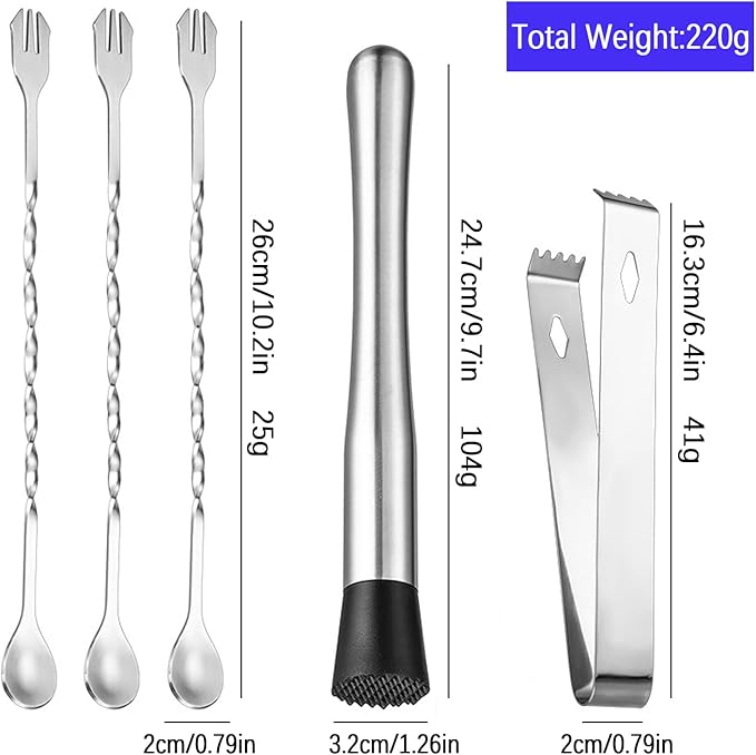 Muddler for Cocktails, Bar Tool Kit with Muddler,3 Long Handle Bar Cocktail Mixing Spoon and 1 Tong Food Ice Sugar Tong Stainless Steel Stirrer, Bar Accessories Tools for Mojitos Fruit Drinks
