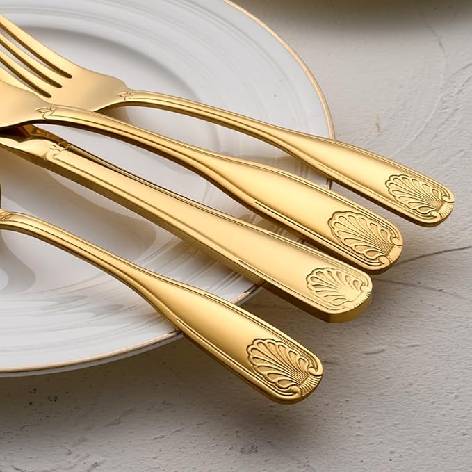 Gold Flatware Set for 4, Stainless Steel Silverware, 20-Piece Cutlery with Shell Design Pattern, Fork Spoon Knife Set, Dishwasher Safe