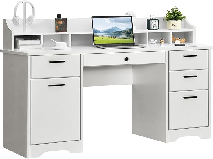 White Desk with 6 Drawers, 58 Inch Executive Desk with Hutch, White Wood Computer Desk with Storage for Bedroom, Home Office Desk with File Cabinet