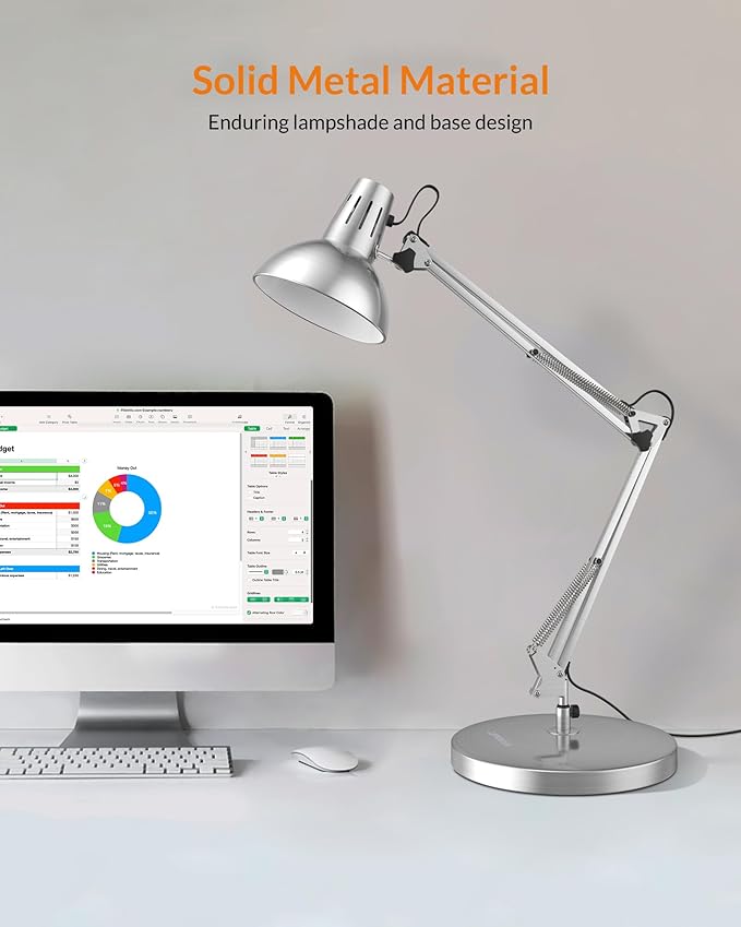 LEPOWER Metal Desk Lamp, Adjustable Goose Neck Architect Table Lamp with On/Off Switch, Swing Arm Desk Lamp with Clamp, Eye-Caring Reading Lamp for Bedroom, Study Room &Office (Silver)