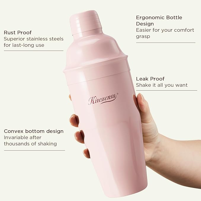 KITESSENSU Cocktail Shaker Set, Stainless Steel Martini Shaker with Bartender Strainer, Measuring Jigger, Bar Mixing Spoon, Cocktail Recipe Included, Pink