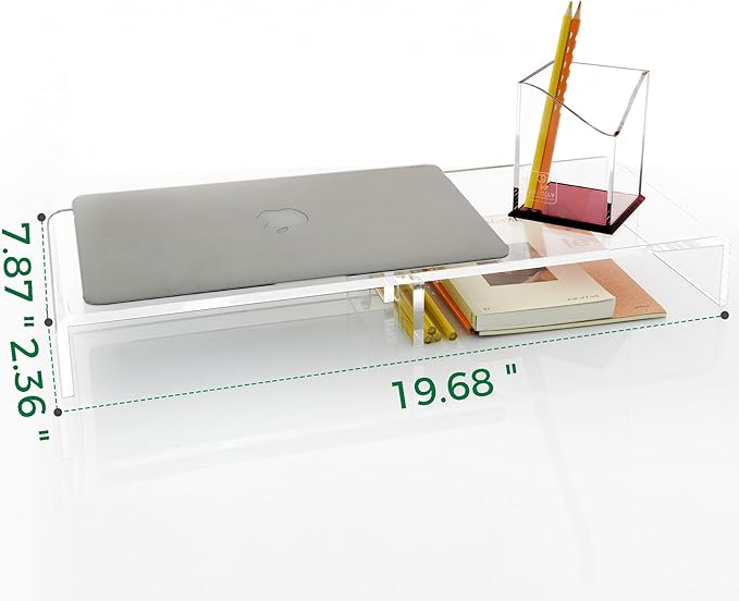 20" Crystal Clear Acrylic Monitor Stand Riser - Fits iMac/Printer/TV, Ergonomic 3" Elevation w/Hidden Keyboard Storage, Sleek Desk Organizer for Home Office