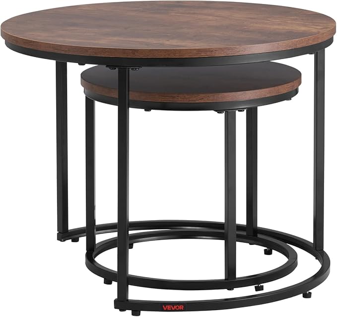 VEVOR Nesting Tables, Coffee Table Set of 2, 23.6 inch Round Coffee Table, Small Coffee Tables Night Stand with Metal Frame, for Living Room, Bedroom, Office (Brown & Black)