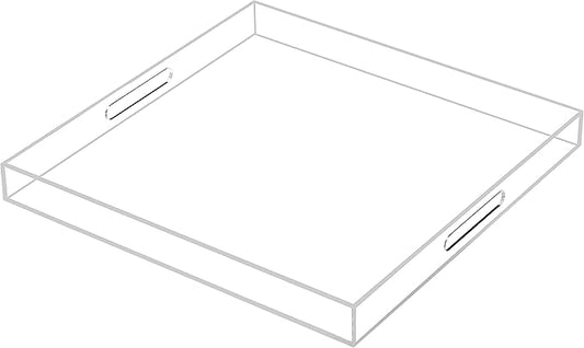 Large Clear Acrylic Serving Tray with Handles-19x19x2H Inch Big Size Spill Proof Tray for Ottoman,Coffee Table, Breakfast, Tea, Food, Butler -Safe Edge Organizer- Decorative