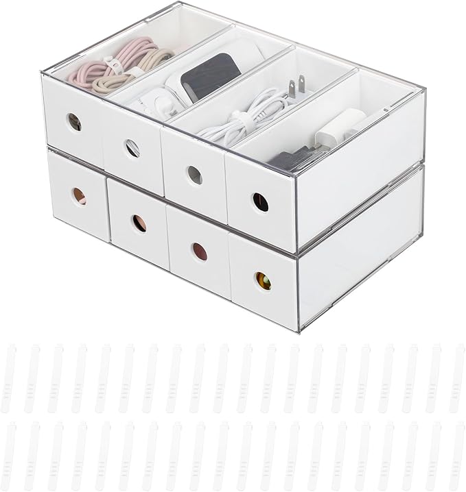 Yesesion 2 Pack Plastic Cord Organizer Drawers, Cable Storage Box with 40pcs of Wire Ties, Large Electronics Management Display Case for Desk Accessories, Office Supplies, USB, data Cable (White)
