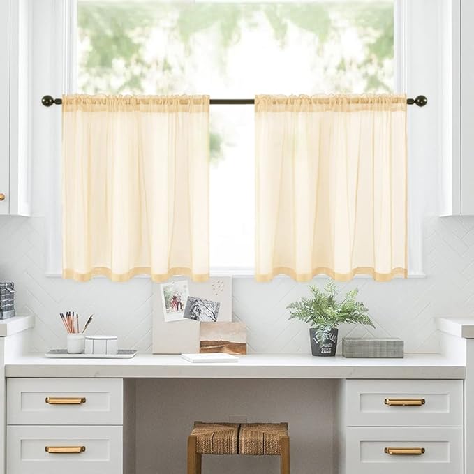 MIULEE 2 Panels Kitchen Tiers Half Window Sheer Curtains Rod Pocket Voile Drapes for Kitchen Bathroom Small Windows 29 by 24 Inch Cream Beige