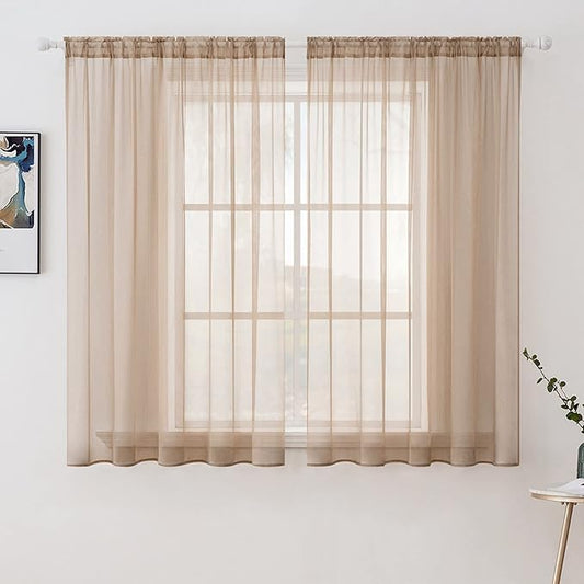 MIULEE 2 Panels Solid Color Sheer Window Curtains Elegant Window Voile Panels/Drapes/Treatment for Bedroom Living Room (54X63 Inches Brown)