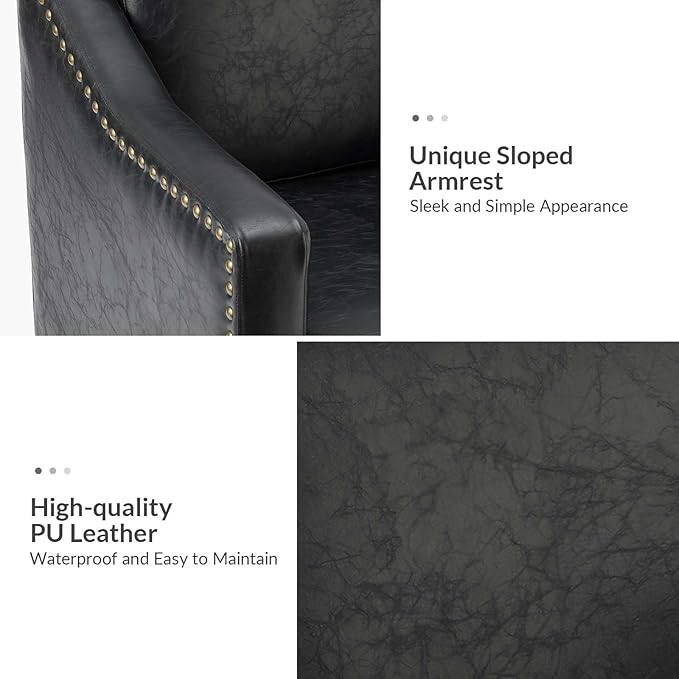 HULALA HOME Faux Leather Accent Armchairs Set of 2 with Back & Seat Cushions, Traditional Club Chairs with Nailhead Trim, Comfy Upholstered Sofa Chairs for Living Room Bedroom, Black