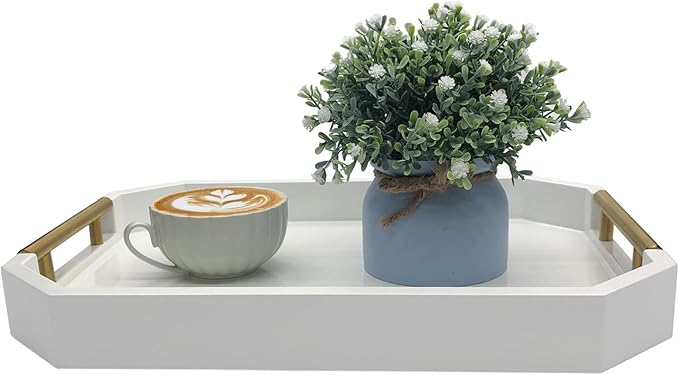 Serving Tray with Polished Metal Handles, Hexagon Coffee Table Tray, Modern Rectangle Decorative Tray, Large Ottoman Tray, Perfect for Storage and Display (White Rectangle)