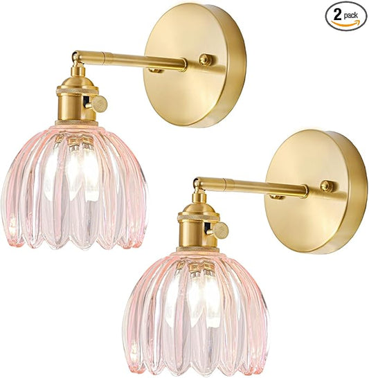 Wall Sconces Set of Two Hardwired, Vintage Sconce Light with Tulip Pink Glass Lampshade, Bathroom Wall Lights with Switch, Gold Wall Light Sconces Wall Decor Set of 2