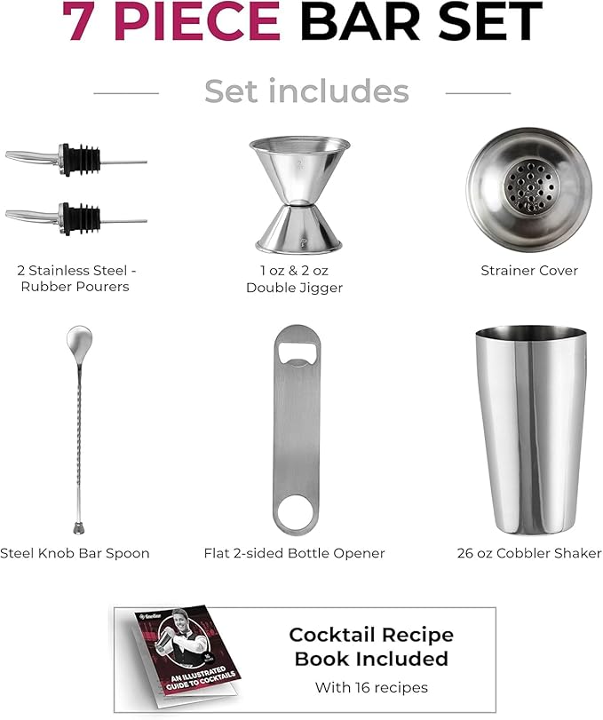 Cocktail Shaker Set 7-Piece, Bar Tools Stainless Steel Bartender Kit, with All Bar Accessories, Cocktail Strainer, Double Jigger, Bar Spoon, Bottle Opener, Pour Spouts
